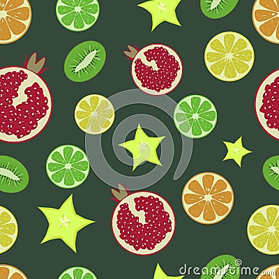 Fruit pattern. Pomegranate, orange, lemon, lime, kiwi, carambola. On a dark green background. Juicy fruit. Vector illustrati Vector Illustration